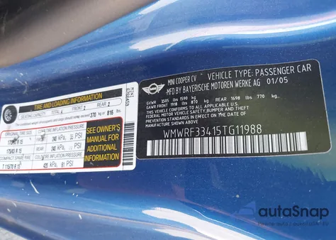 2005 Mini Cooper z USA, uszkodzony, nr VIN WMWRF33415TG11988